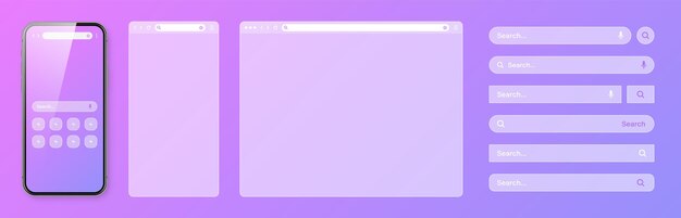 Älypuhelimen läpinäkyvä internetselaimen ikkuna, jossa on erilaisia hakupalkkien mallipohjia verkkosivustoille