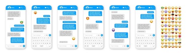 Älypuhelimen viestisovelluksen käyttöliittymän suunnittelu hymiöillä, tekstiviestikehyksen chat-ikkuna sinisellä