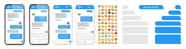 Älypuhelimen viestisovelluksen käyttöliittymän suunnittelu hymiöillä, tekstiviestikehyksen chat-ikkuna sinisellä