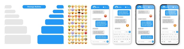 Älypuhelimen viestisovelluksen käyttöliittymän suunnittelu hymiöillä, tekstiviestikehyksen chat-ikkuna sinisellä