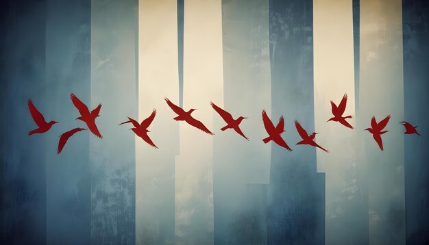 An abstract image of red birds flying in a line against a background of vertical lines and a hazy sky The birds are in silhouette creating a sense of movement and direction