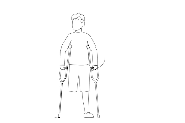An amputee man walking with two walking sticks line art