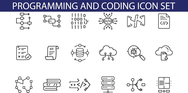 An illustration depicting a set of icons related to programming and coding including elements li