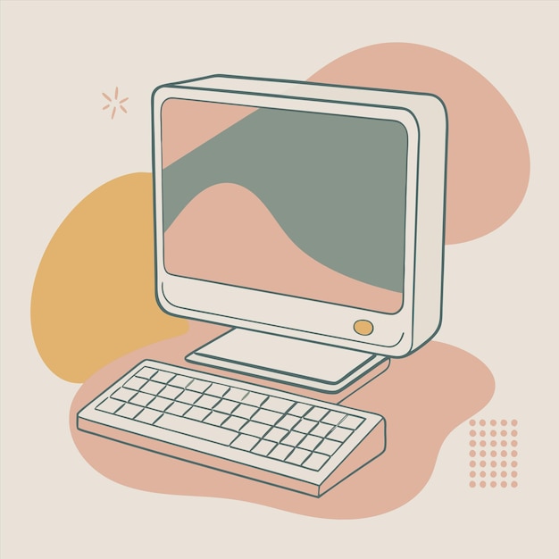 an old computer with a white keyboard and a pink background