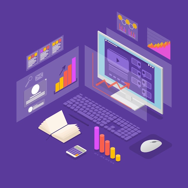 Analysis Data Investment Concept 3d Isometric View Include of Graph Chart and Diagram Vector illustration of Development Strategy