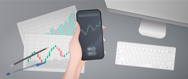 Analyst or trader's workplace. A hand holds a phone with a growth graph. Blanks with business charts, uptrend line graph, histogram and bull market stock numbers. Vector.
