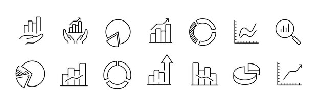 Analytics and data visualization icon set line style graph and chart symbols for data analysis reporting and business insights bar chart pie chart line graph magnifying glass growth arrow