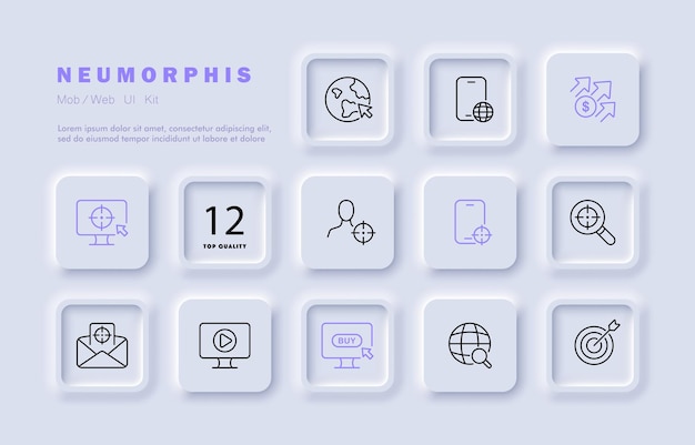 analytics set icon income click arrows online store targeted advertising magnifying glass spam mailingincome click arrows online store target spam mailing neomorphism style