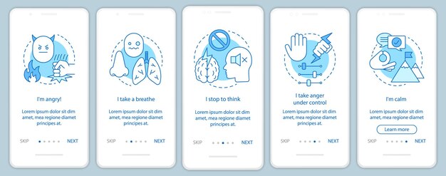 Anger management onboarding mobile app page screen vector template. Take a breath, stop to think, calm. Walkthrough website steps with linear illustrations. UX, UI, GUI smartphone interface concept