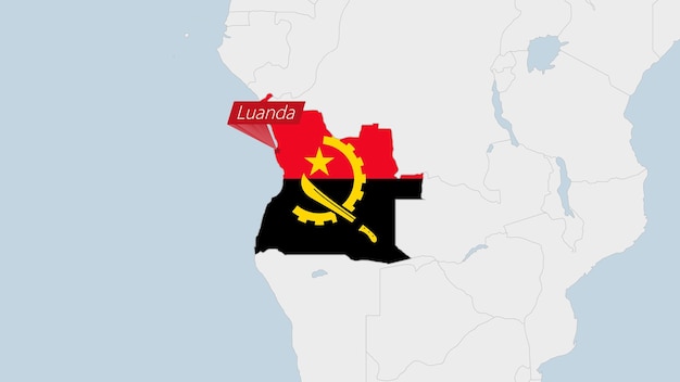 Angola map highlighted in Angola flag colors and pin of country capital Luanda
