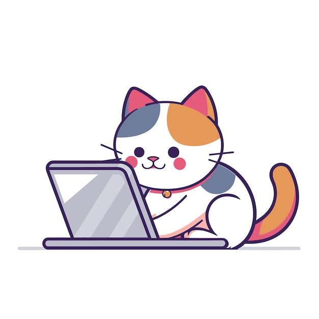 Animated calico cat using laptop cartoon style technology concept Cute feline character