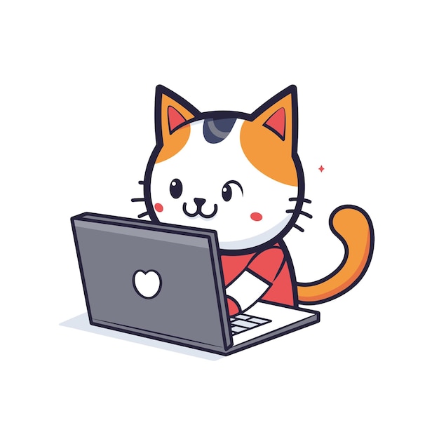 Animated cat character red tie using laptop screen displays heart cheerful expression Cute