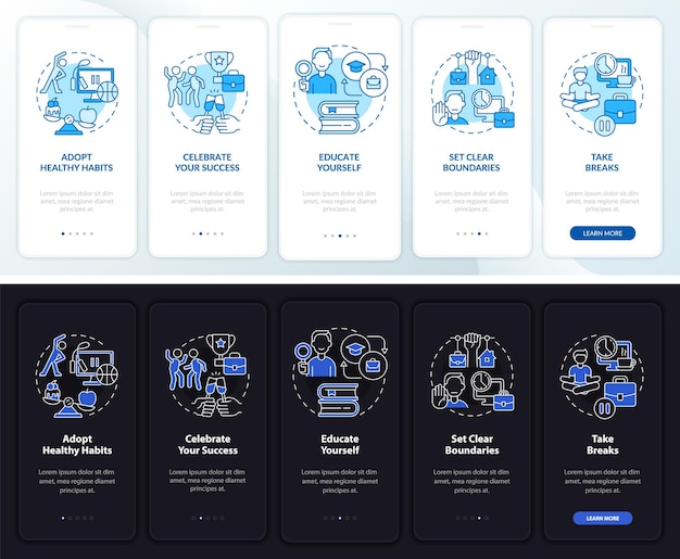 Anxiety at work night and day mode onboarding mobile app screen
