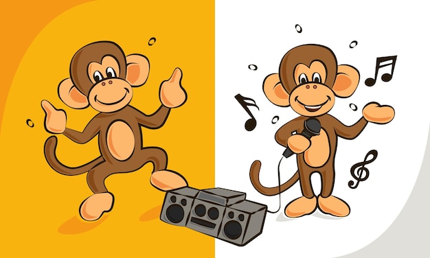 Ape character dancing and singing with tape recorder _happy and funny_ilustration vector