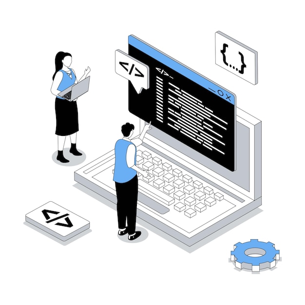 App development 3d isometric concept with isometry people design for web Developer team programming of interface wireframe layout coding and fixing code making optimization Vector illustration