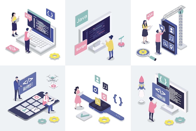App development 3d isometry concept for web design Collection set with isometric people programming applications creating interface layouts making settings and optimization Vector illustration