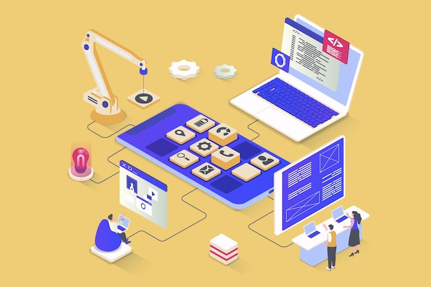 App development concept in 3d isometric design UI UX layout developing programming application interfaces coding mobile software Vector illustration with isometry people scene for web graphic
