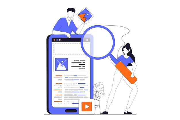 App development concept with people scene in flat outline design