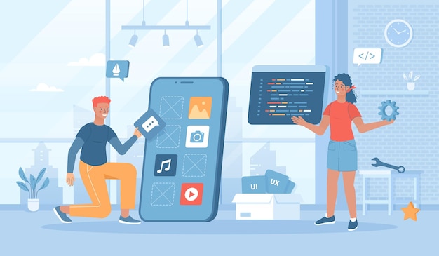App development Create and optimize layouts interfaces for mobile applications Flat cartoon vector