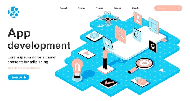 app development isometric concept in 3d design for landing page