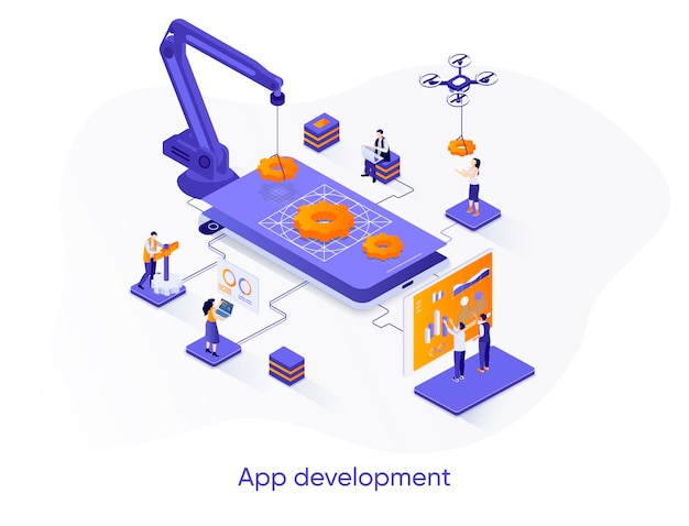 App development isometric   illustration with people characters