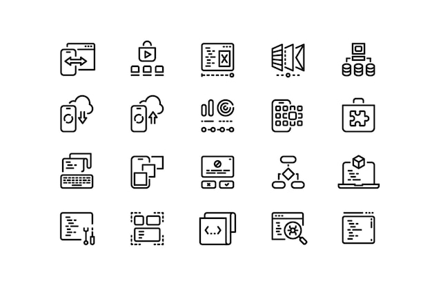 App development line icons Software coding front and backend development UI layout and performance optimization Vector editable stroke collection