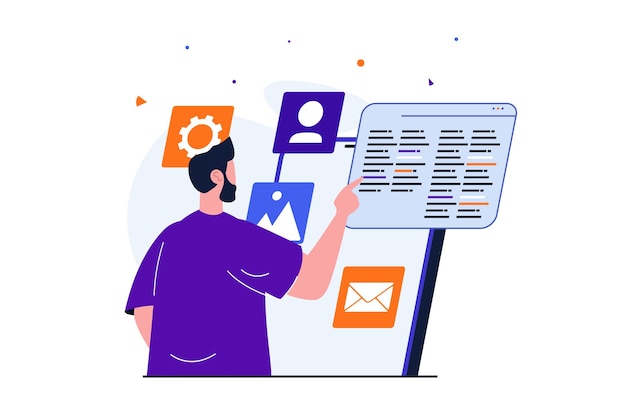 App development modern flat concept for web banner design Male developer coding testing