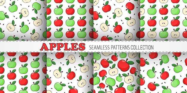 apples vector seamless patterns collection red and green apples cut slices and seeds on white