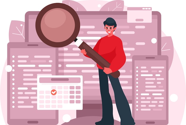Application debugging concept Scalable Technologies Programmer holds a huge magnifying glass