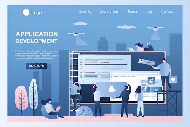 Application development landing page computer monitor with software and business team building app