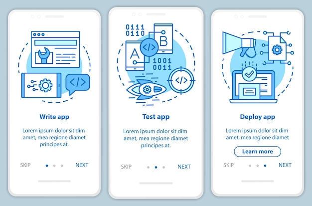 Application development onboarding mobile app page screen vector template. Software programming. Walkthrough website steps with linear illustrations. UX, UI, GUI smartphone interface concept