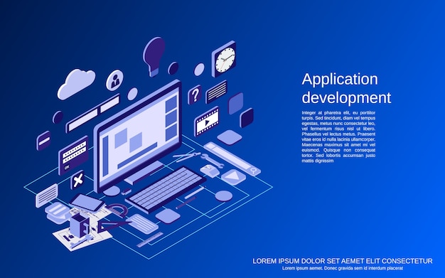 Application development, SEO process, algorithm optimization   isometric  concept illustration