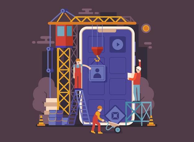 Application development UI illustration in flat design Mobile app building concept banner with industrial crane and team of workers developing and constructing applications