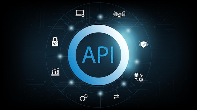 Application Programming Interface (API) on blue background. Software development tool, information t