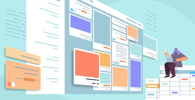 arab man developer using smartphone creating mobile app ui interface web application development program software optimization concept horizontal full length vector illustration