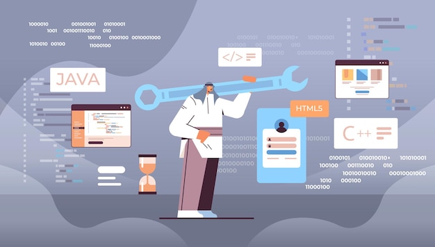 arab man programmer holding wrench developer optimizes software engineering coding programming testing code concept horizontal full length vector illustration