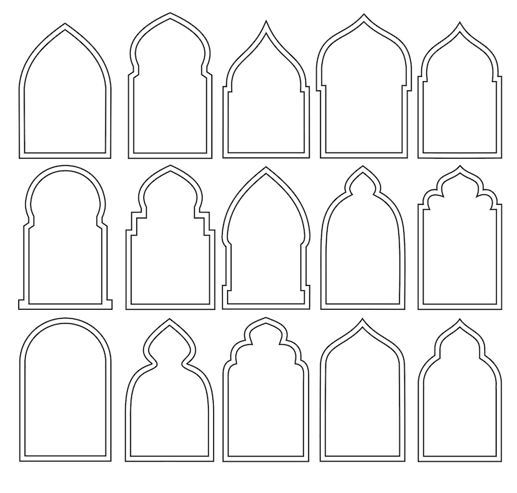 Vektori arabic arch window set silhouette of islamic badge windows and arches set of islamic shape illustration outline vector illustration