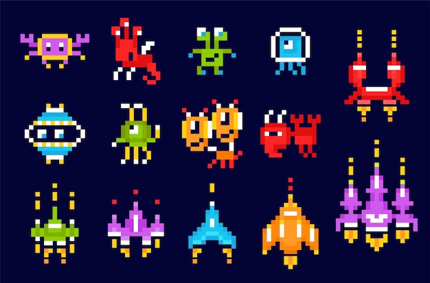 arcade game pixel art set of isolated icons and images of 8bit style spacecrafts and monsters vector illustration