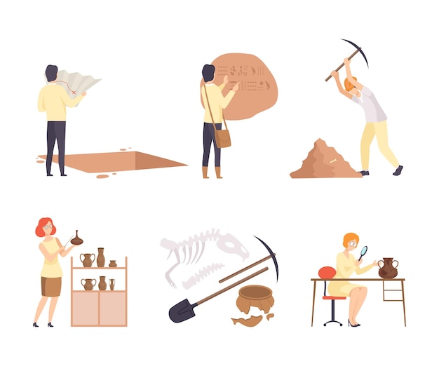 Archaeologists study historical artifacts of ancient culture and doing historical researches set cartoon vector illustration
