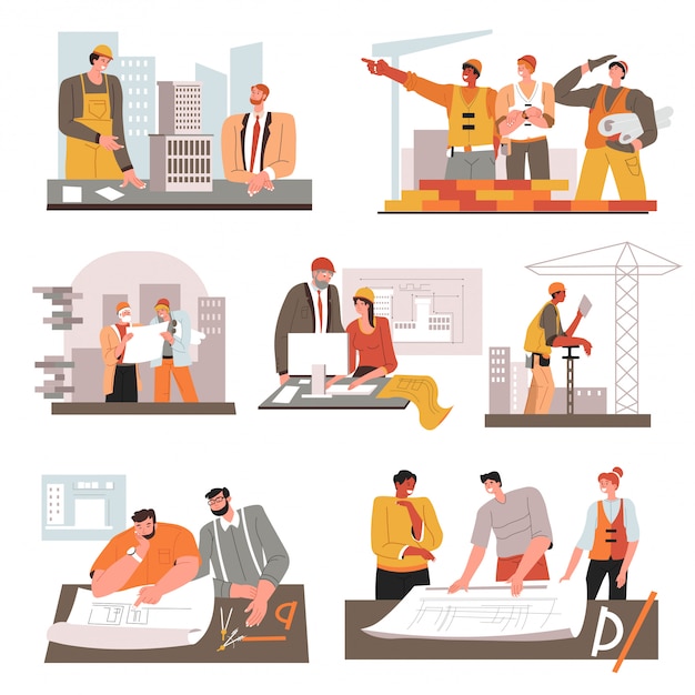 Architect with schemes and builders with tools at workplace