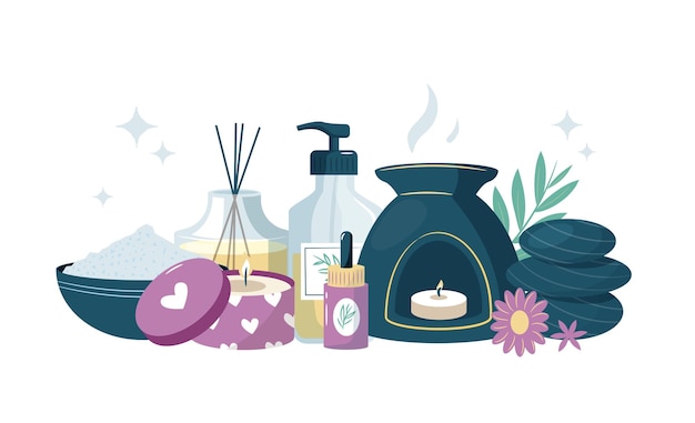 aromatherapy composition featuring an essential oil diffuser candles bath salt massage stones and other spa elements creating a relaxing and tranquil atmosphere