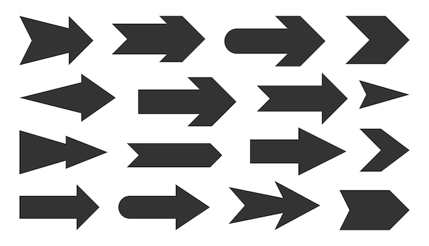 Arrow black flat set Navigation button motion template Simple form game website Cursor web icon Conceptual map navigation Modern graphic signpost for travel planning isolated on white background