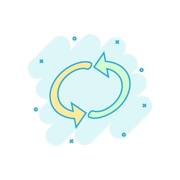 Arrow rotation icon in comic style Sync action vector cartoon illustration on white isolated background Refresh button business concept splash effect