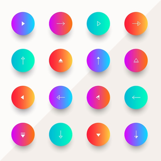 Arrow round button set, navigation vector app icon design for website. Arrow left, next, right, previous, down, up signs. Circle shape internet buttons. Web design elements collection. Arrowheads.