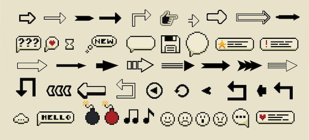 arrows big black set icons vector collection in different styles 8 bit pixel arrows vector