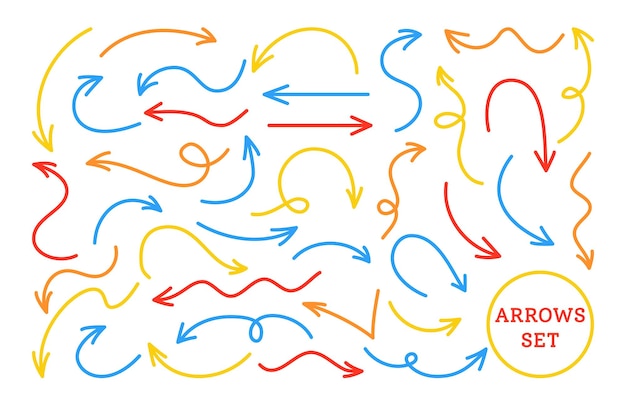 Arrows bright red blue, yellow infographic line set. Various curved, arched artistic uneven arrow shapes cursor