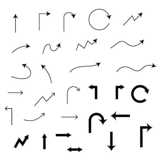 arrows set with hand drawn doodle style isolated on white background for art project and graphic