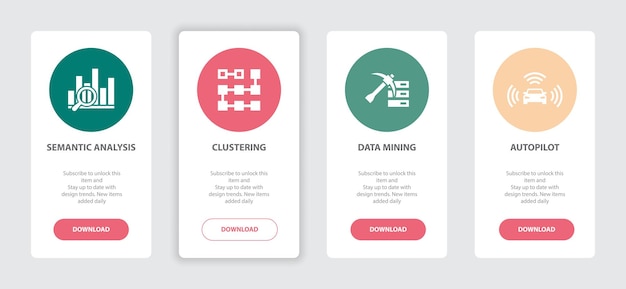 Artificial Intelligence 4 webpage banners concept template with Semantic Analysis, Clustering, Data mining, Autopilot icons. Trendy web UI design concept