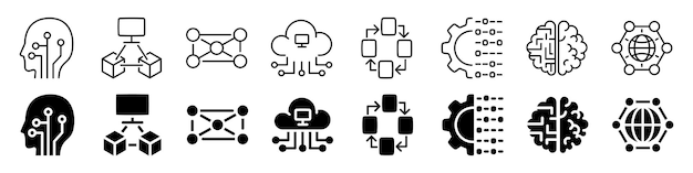 Artificial intelligence and network icon set Linear and silhouette style