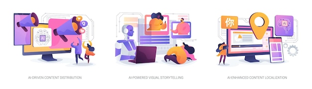 Artificial intelligence content marketing tools abstract concept vector illustration set aidriven